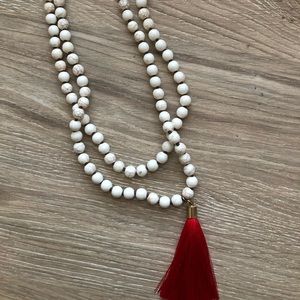 White beaded Red Tassle necklace